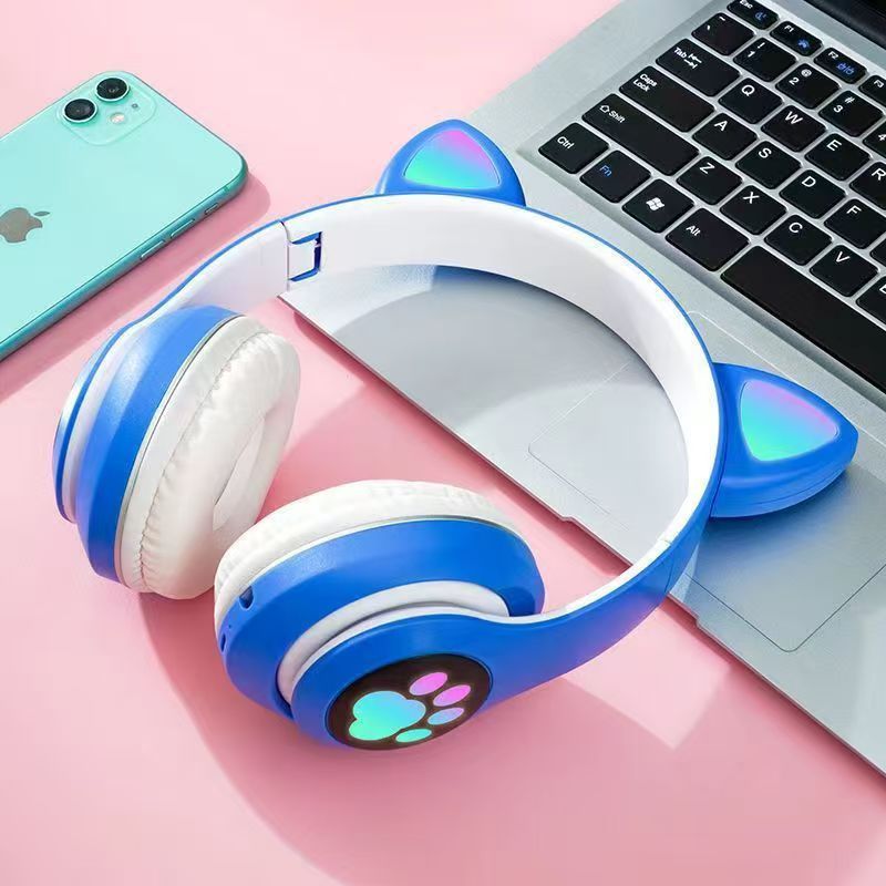 STN-28 Over Ear Music Headset Glowing Cat Ear Headphones Foldable Wireless BT5.0 Earphone with Mic AUX in TF Card MP3 Player Colorful LED Lights for PC Laptop Computer Mobile Phone